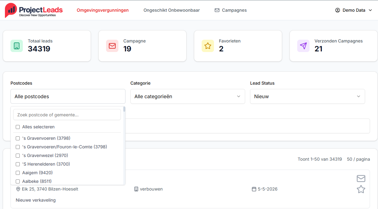 Scherm: filter op regio en categorie