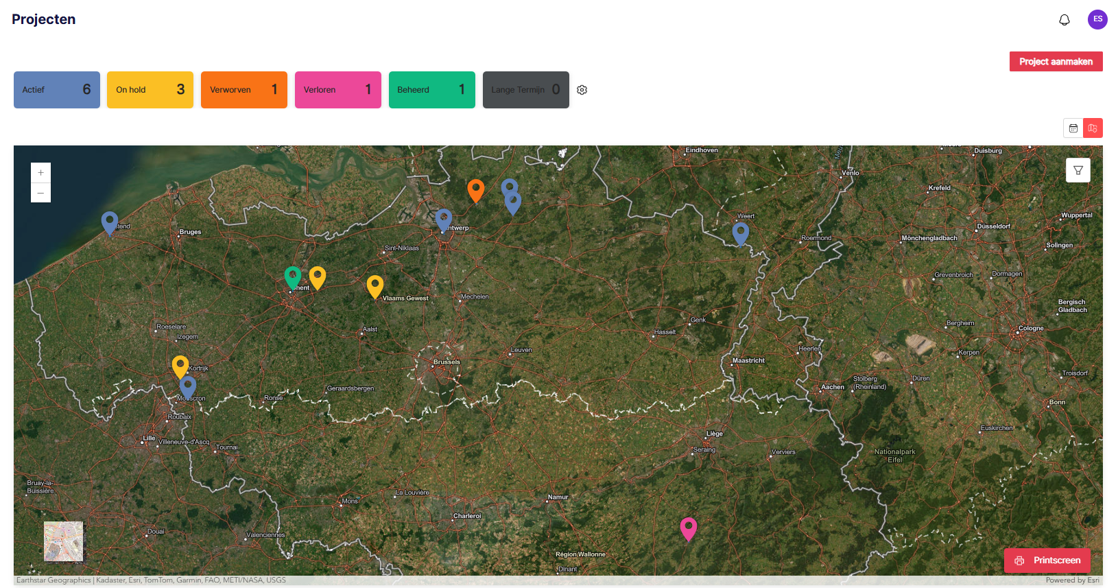 Scherm: prospectiekaart en visueel overzicht in de acquisitietool